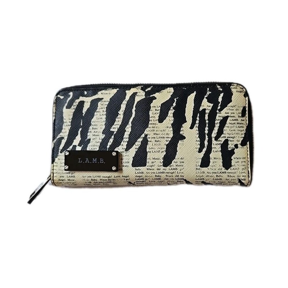 L.A.M.B. by Gwen Stefani Wallet Clutch 2K Zebra Newsprint Print Beige Black